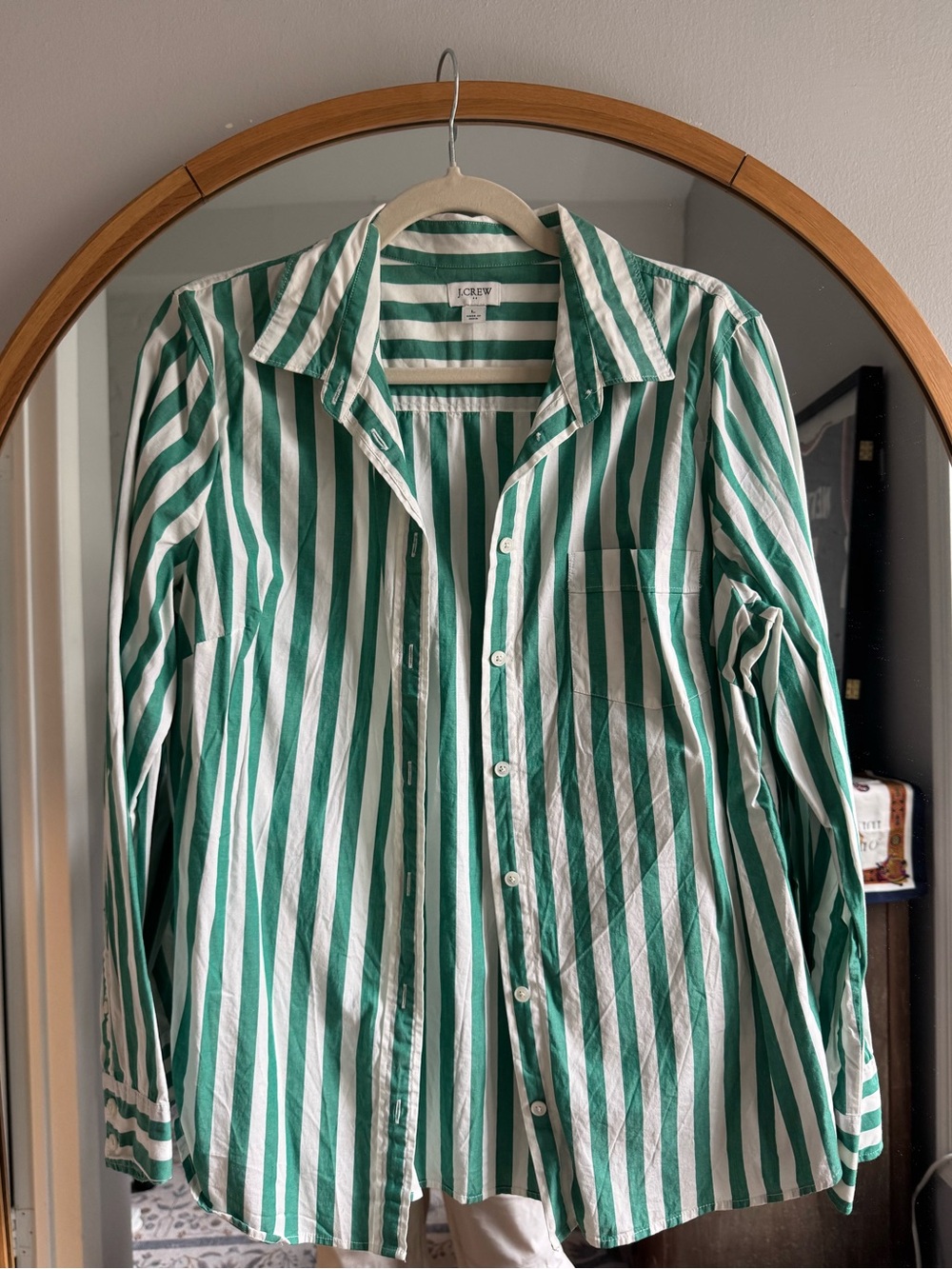 J. Crew Green & White Vertical Stripe Button-Down Shirt